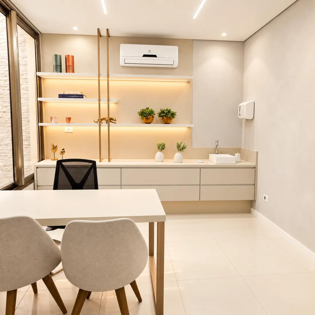 Consultório com mesa de atendimento e prateleiras iluminadas