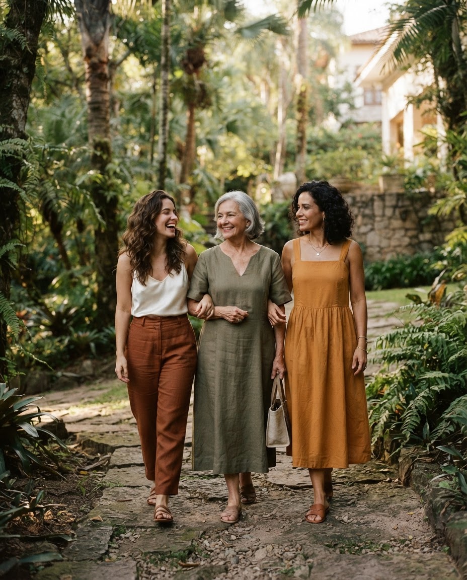 Três gerações de mulheres caminhando juntas por um jardim